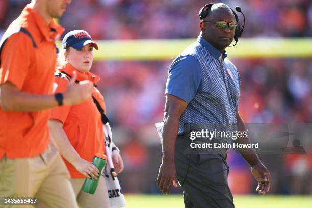 Head coach Dino Babers of the Syracuse Orange walks on on the field during a time out in the fourth quarter against the Clemson Tigers at Memorial...