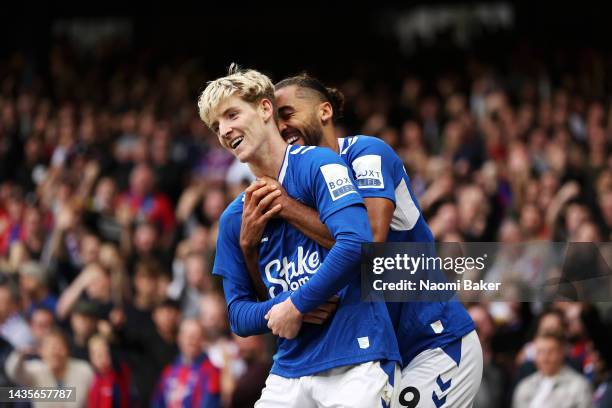 Anthony Gordon of Everton celebrates with teammate Dominic Calvert-Lewin after scoring their team's second goal during the Premier League match...