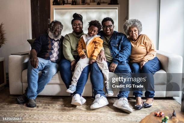 retrato de una familia en la sala de estar de su casa - chubby granny fotografías e imágenes de stock