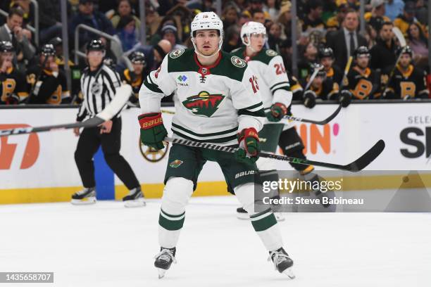 Sam Steel of the Minnesota Wild skates against the Boston Bruins at the TD Garden on October 22, 2022 in Boston, Massachusetts.