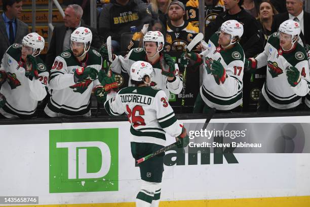 Mats Zuccarello of the Minnesota Wild celebrates his goal against the Boston Bruins at the TD Garden on October 22, 2022 in Boston, Massachusetts.