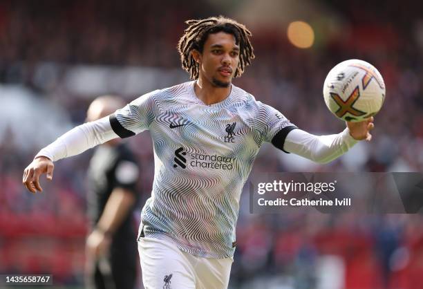 Trent Alexander-Arnold of Liverpool during the Premier League match between Nottingham Forest and Liverpool FC at City Ground on October 22, 2022 in...