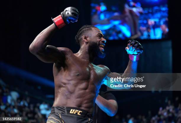 Aljamain Sterling reacts after his victory over TJ Dillashaw in their UFC bantamweight championship fight during the UFC 280 event at Etihad Arena on...