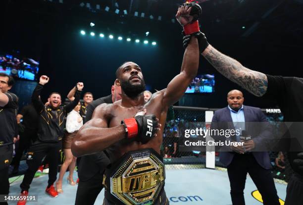 Aljamain Sterling reacts after his victory over TJ Dillashaw in their UFC bantamweight championship fight during the UFC 280 event at Etihad Arena on...