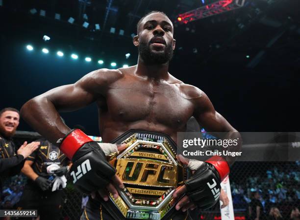 Aljamain Sterling reacts after his victory over TJ Dillashaw in their UFC bantamweight championship fight during the UFC 280 event at Etihad Arena on...