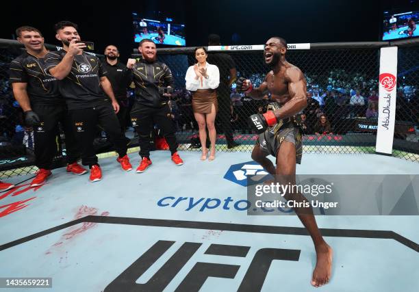 Aljamain Sterling reacts after his victory over TJ Dillashaw in their UFC bantamweight championship fight during the UFC 280 event at Etihad Arena on...