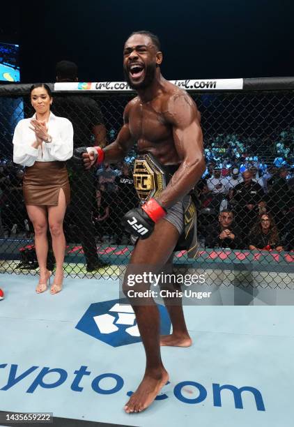 Aljamain Sterling reacts after his victory over TJ Dillashaw in their UFC bantamweight championship fight during the UFC 280 event at Etihad Arena on...