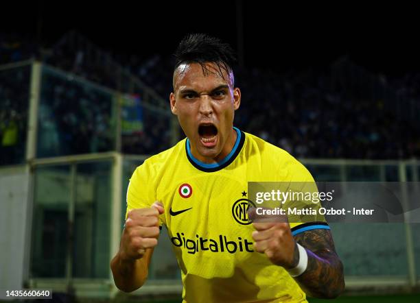 Lautaro Martinez of FC Internazionale celebrates after scoring the third goal of his team during the Serie A match between ACF Fiorentina and FC...