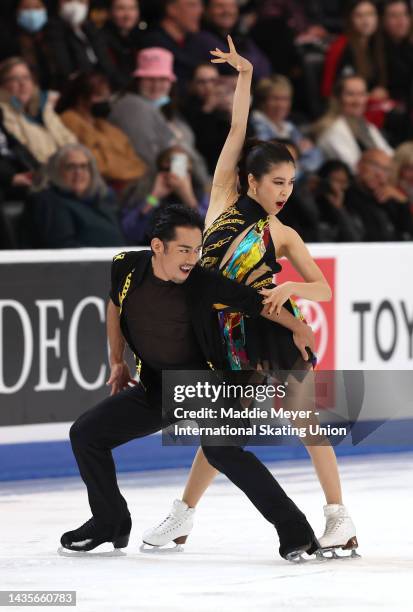 Kana Muramoto and Daisuke Takahashi of Japan compete in the Ice Rhythm Dance during the ISU Grand Prix of Figure Skating - Skate America at The...