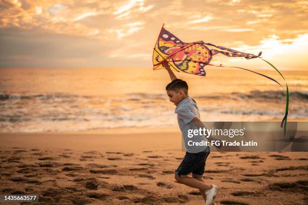 boy holding a kite at the beach - kite toy stock pictures, royalty-free photos & images