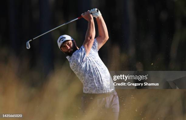 Jon Rahm of Spain plays a second shot on the 13th hole during the third round of the CJ Cup at Congaree Golf Club on October 22, 2022 in Ridgeland,...