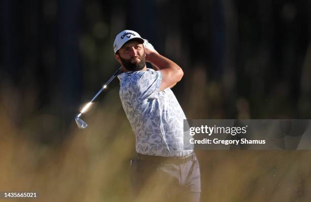 Jon Rahm of Spain plays a second shot on the 13th hole during the third round of the CJ Cup at Congaree Golf Club on October 22, 2022 in Ridgeland,...