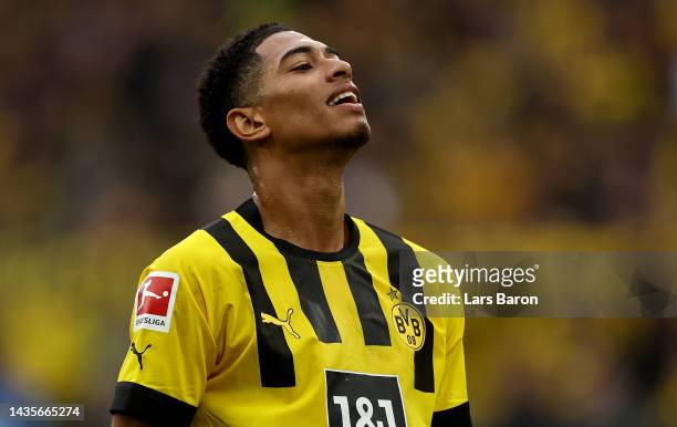 Jude Bellingham of Dortmund reacts during the Bundesliga match between Borussia Dortmund and VfB Stuttgart at Signal Iduna Park on October 22, 2022...