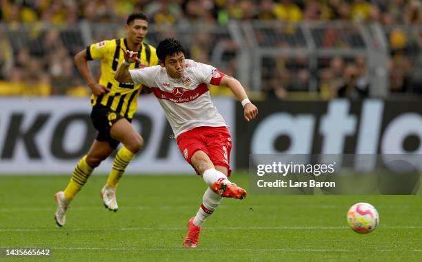 Wataru Endo of VfB Stuttgart kicks the ball during the Bundesliga match between Borussia Dortmund and VfB Stuttgart at Signal Iduna Park on October...