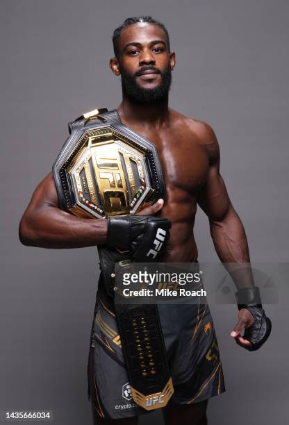 Aljamain Sterling poses for a portrait after his victory during the UFC 280 event at Etihad Arena on October 22, 2022 in Abu Dhabi, United Arab...