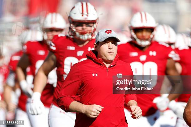 Head coach Jim Leonhard of the Wisconsin Badgers takes his team onto the field against the Purdue Boilermakers at Camp Randall Stadium on October 22,...