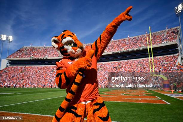 The Clemson Tigers mascot dances on the sidelines before the game against the Syracuse Orange at Memorial Stadium on October 22, 2022 in Clemson,...