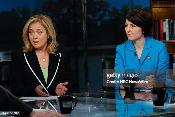 Pictured: – Hilary Rosen, Democratic Strategist, left, and Rep. Cathy McMorris Rodgers right, appear on "Meet the Press" in Washington D.C., Sunday,...