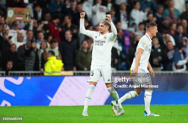Federico Valverde of Real Madrid celebrates after scoring their team's third goal during the LaLiga Santander match between Real Madrid CF and...