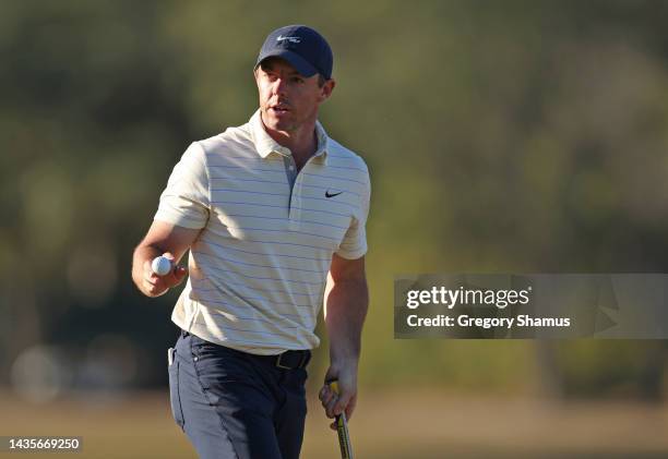 Rory McIlroy of Northern Ireland reacts to his birdie putt on the 16th green during the third round of the CJ Cup at Congaree Golf Club on October...