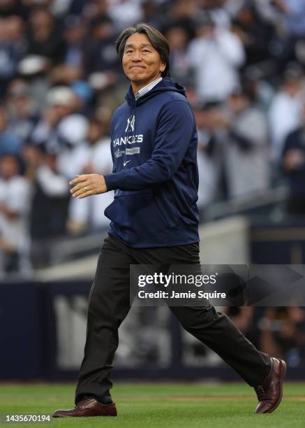 Former New York Yankees outfielder Hideki Matsui looks on during his ceremonial first pitch prior to game three of the American League Championship...