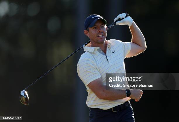 Rory McIlroy of Northern Ireland reacts to his shot from the 17th tee during the third round of the CJ Cup at Congaree Golf Club on October 22, 2022...