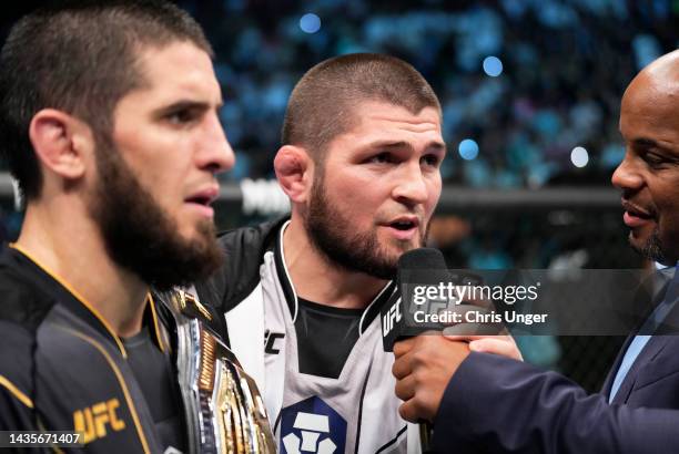 Khabib Nurmagomedov reacts after his teammate Islam Makhachev of Russia wins the UFC lightweight championship fight during the UFC 280 event at...