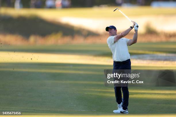 Rory McIlroy of Northern Ireland plays a shot on the 16th hole during the third round of the CJ Cup at Congaree Golf Club on October 22, 2022 in...