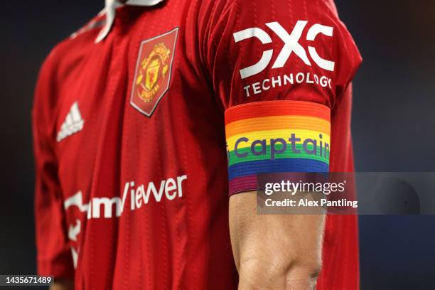 Detailed view of the Rainbow captins armband worn by Bruno Fernandes of Manchester United during the Premier League match between Chelsea FC and...