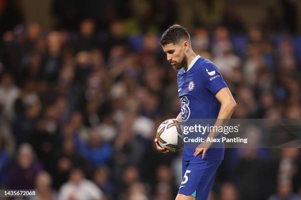 Jorginho of Chelsea prepares to take a penalty before he scores his sides first goal during the Premier League match between Chelsea FC and...