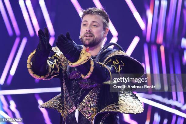 Felix von Jascheroff unmasked aka "Die Black Mamba" performs onstage during the 4th show of "The Masked Singer" on October 22, 2022 in Cologne,...