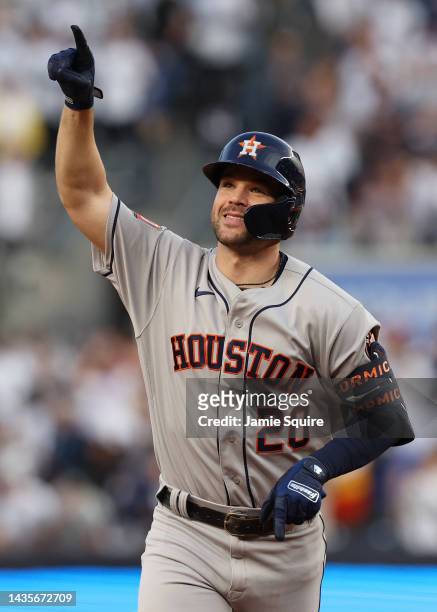 Chas McCormick of the Houston Astros celebrates after his two-run home run against the New York Yankees during the second inning in game three of the...