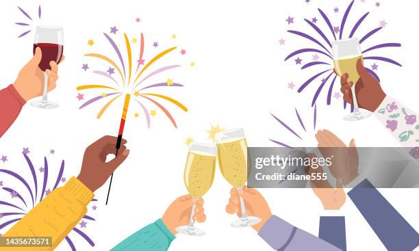people toasting with wine or champagne on a transparent background - champagne flute transparent background stock illustrations