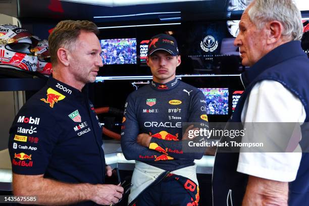 Max Verstappen of the Netherlands and Oracle Red Bull Racing talks with Red Bull Racing Team Principal Christian Horner and Red Bull Racing Team...