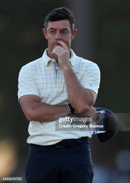 Rory McIlroy of Northern Ireland reacts on the 18th green during the third round of the CJ Cup at Congaree Golf Club on October 22, 2022 in...