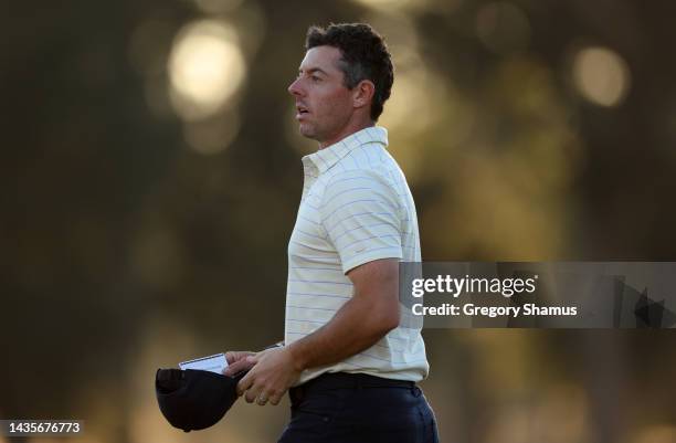 Rory McIlroy of Northern Ireland reacts on the 18th green during the third round of the CJ Cup at Congaree Golf Club on October 22, 2022 in...