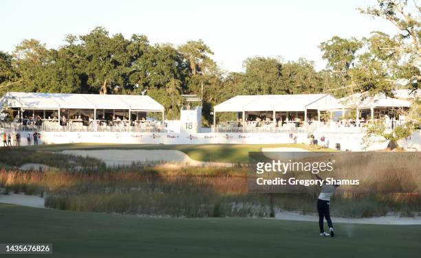 Rory McIlroy of Northern Ireland plays a second shot on the 18th hole during the third round of the CJ Cup at Congaree Golf Club on October 22, 2022...