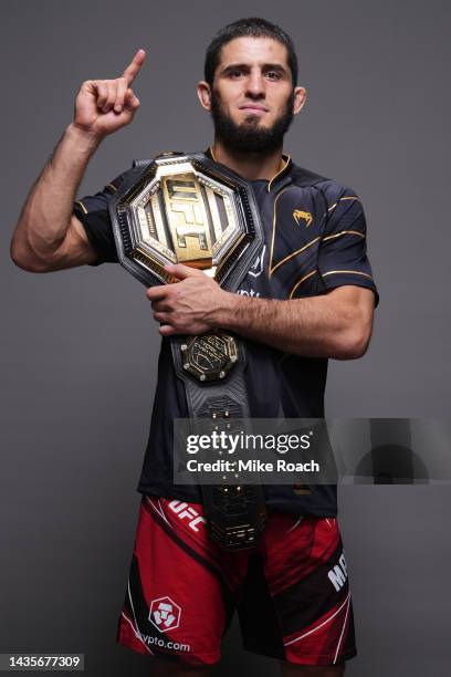 Islam Makhachev of Russia poses for a portrait after winning the UFC lightweight championship during the UFC 280 event at Etihad Arena on October 22,...