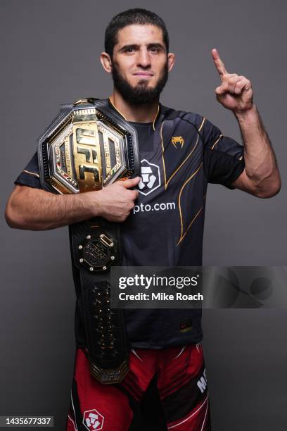 Islam Makhachev of Russia poses for a portrait after winning the UFC lightweight championship during the UFC 280 event at Etihad Arena on October 22,...