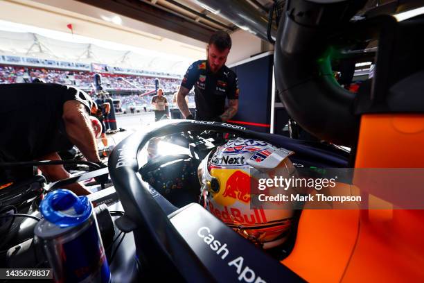 Max Verstappen of the Netherlands and Oracle Red Bull Racing prepares to drive in the garage during qualifying ahead of the F1 Grand Prix of USA at...