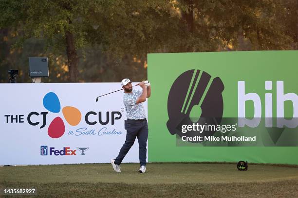 Jon Rahm of Spain hits a tee shot on the 18th hole during the third round of the CJ Cup at Congaree Golf Club on October 22, 2022 in Ridgeland, South...