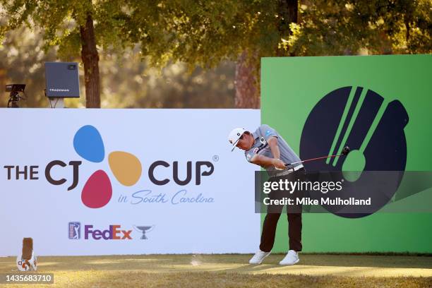 Sungjae Im of South Korea hits a tee shot on the 18th hole during the third round of the CJ Cup at Congaree Golf Club on October 22, 2022 in...