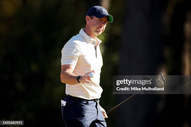 Rory McIlroy of Northern Ireland reacts after making an eagle on the 12th hole during the third round of the CJ Cup at Congaree Golf Club on October...