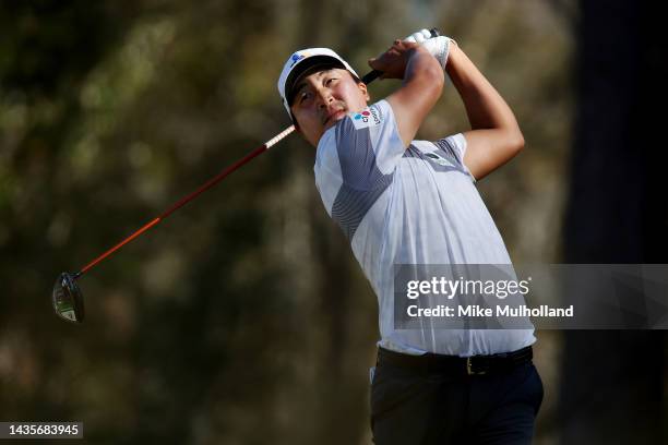 Lee of South Korea hits a tee shot on the 13th hole during the third round of the CJ Cup at Congaree Golf Club on October 22, 2022 in Ridgeland,...