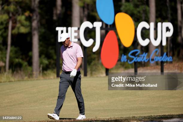 Scottie Scheffler of the United States walks the 10th hole during the third round of the CJ Cup at Congaree Golf Club on October 22, 2022 in...