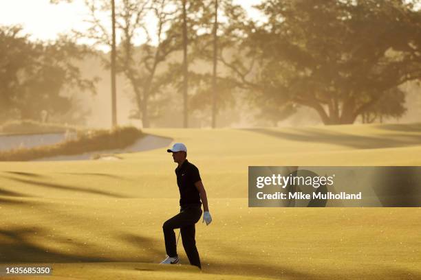 Cameron Davis of Australia exits a greenside bunker on the 17th hole during the third round of the CJ Cup at Congaree Golf Club on October 22, 2022...