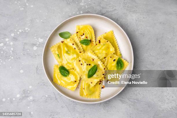 top view, gray background - ravioli foto e immagini stock