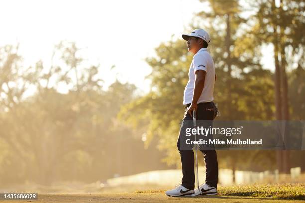 Kurt Kitayama of the United States looks on while playing the 17th hole during the third round of the CJ Cup at Congaree Golf Club on October 22,...