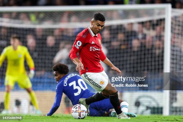 Casemiro of Manchester United during the Premier League match between Chelsea FC and Manchester United at Stamford Bridge on October 22, 2022 in...