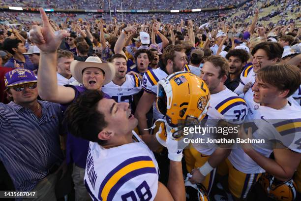 The LSU Tigers celebrate their 45-20 win over the Mississippi Rebels at Tiger Stadium on October 22, 2022 in Baton Rouge, Louisiana.